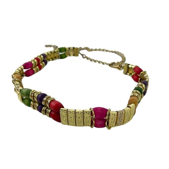 VTG Retro Belt 80s Gold Chain Tiered Wood Rainbow Multicolor Beads Gold Metal main image 8